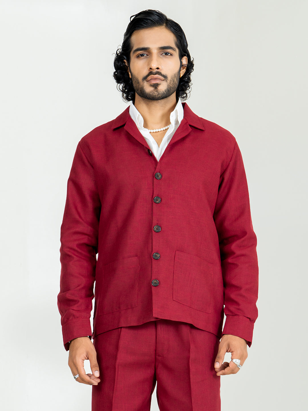 Maroon Two Pocket Linen blend Shacket