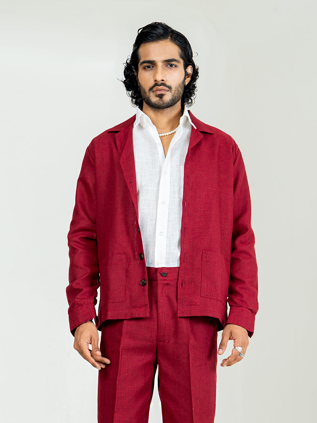 Maroon Two Pocket Linen blend Shacket