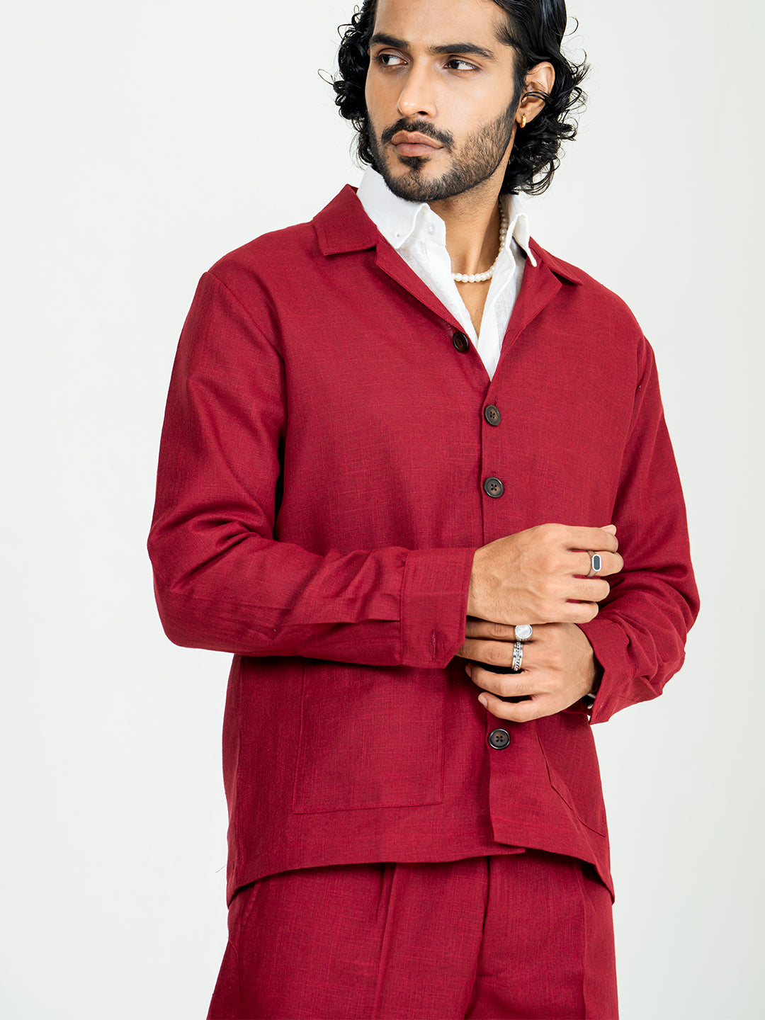 Maroon Two Pocket Linen blend Shacket