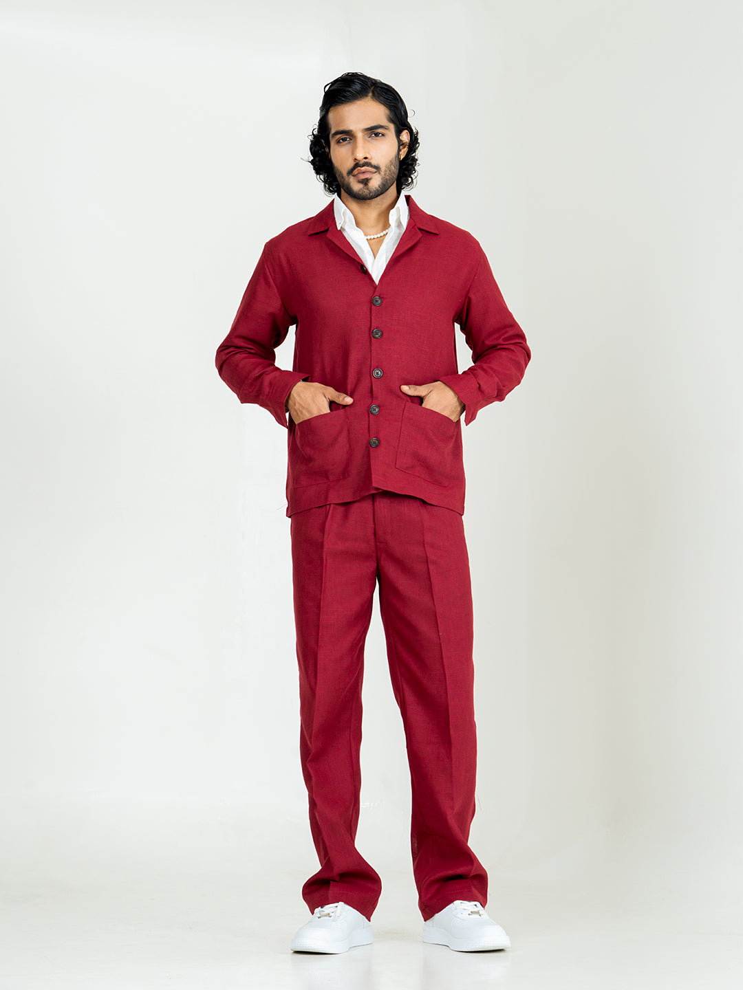 Maroon Two Pocket Linen blend Shacket