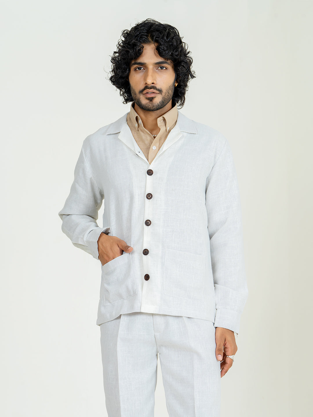 Off white Two Pocket Linen blend shacket