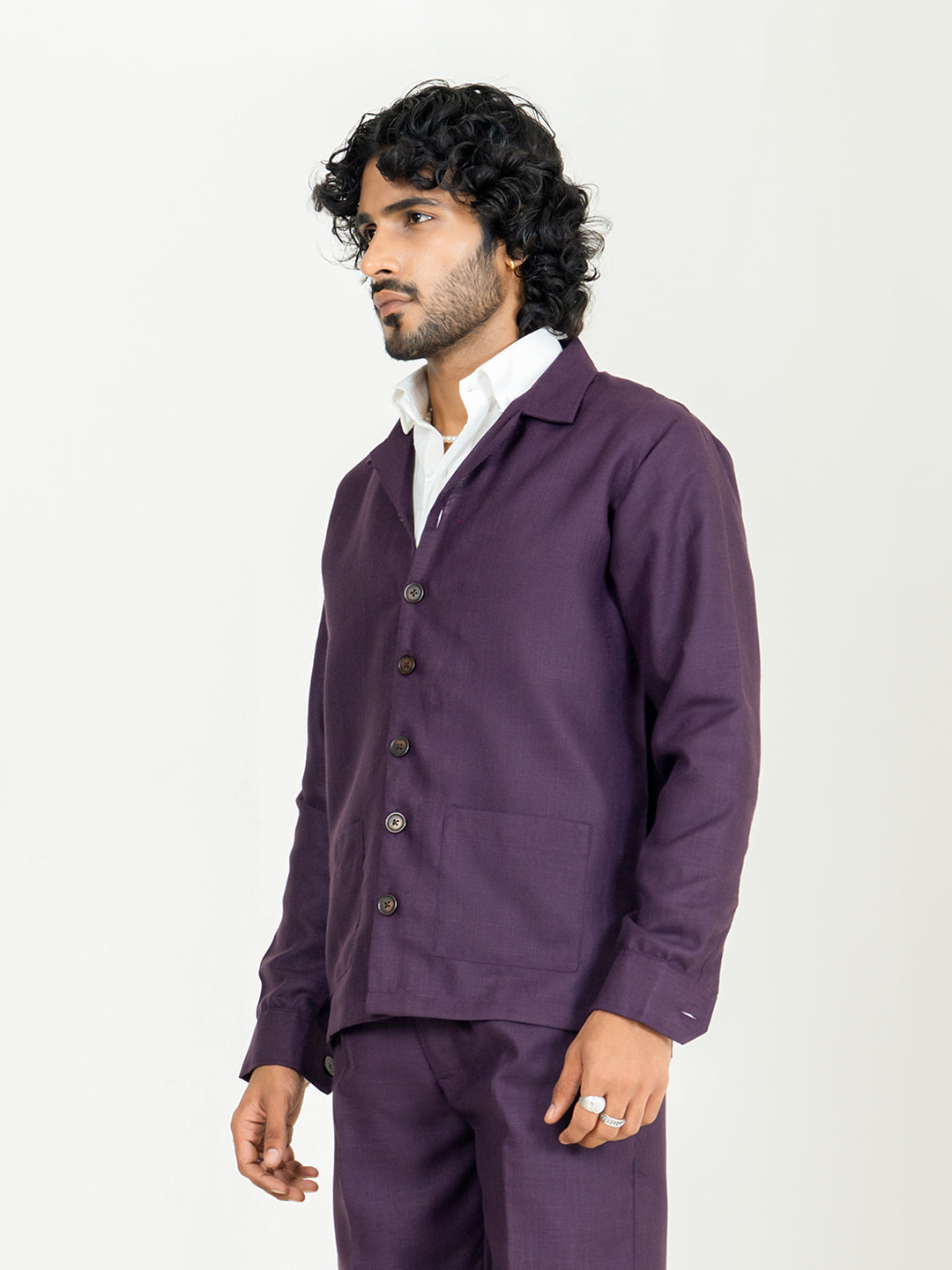 Aubergine Two Pocket Linen blend shacket