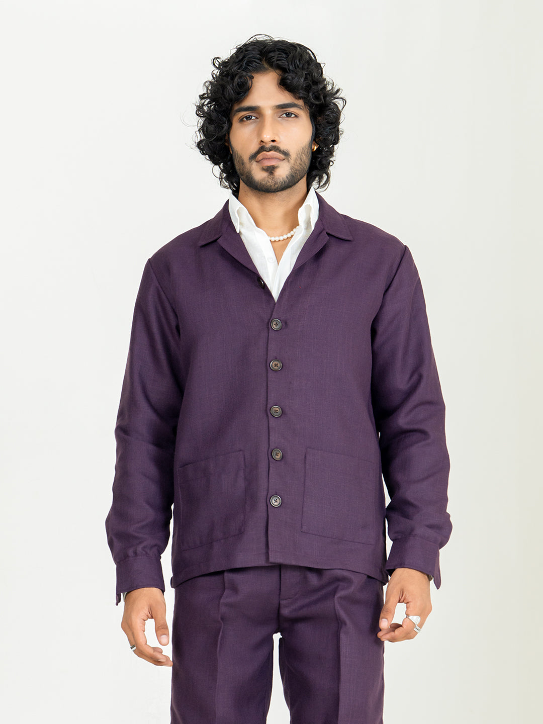 Aubergine Two Pocket Linen blend shacket