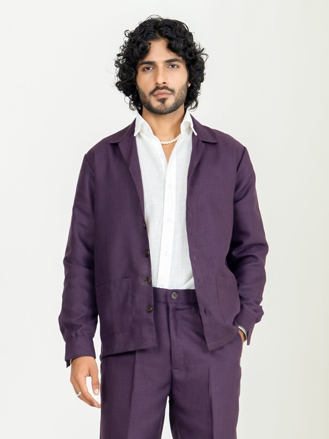 Aubergine Two Pocket Linen blend shacket