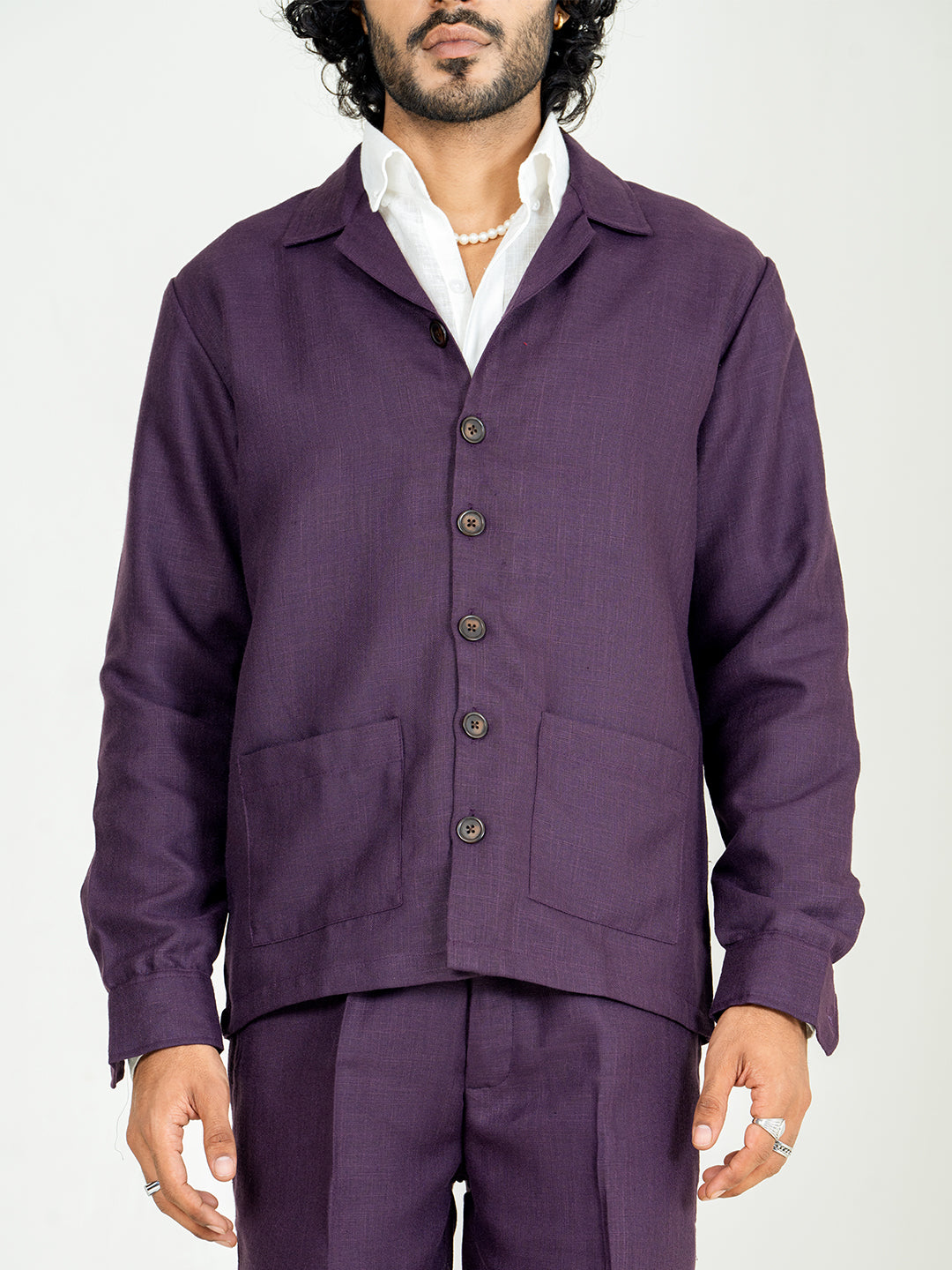 Aubergine Two Pocket Linen blend shacket