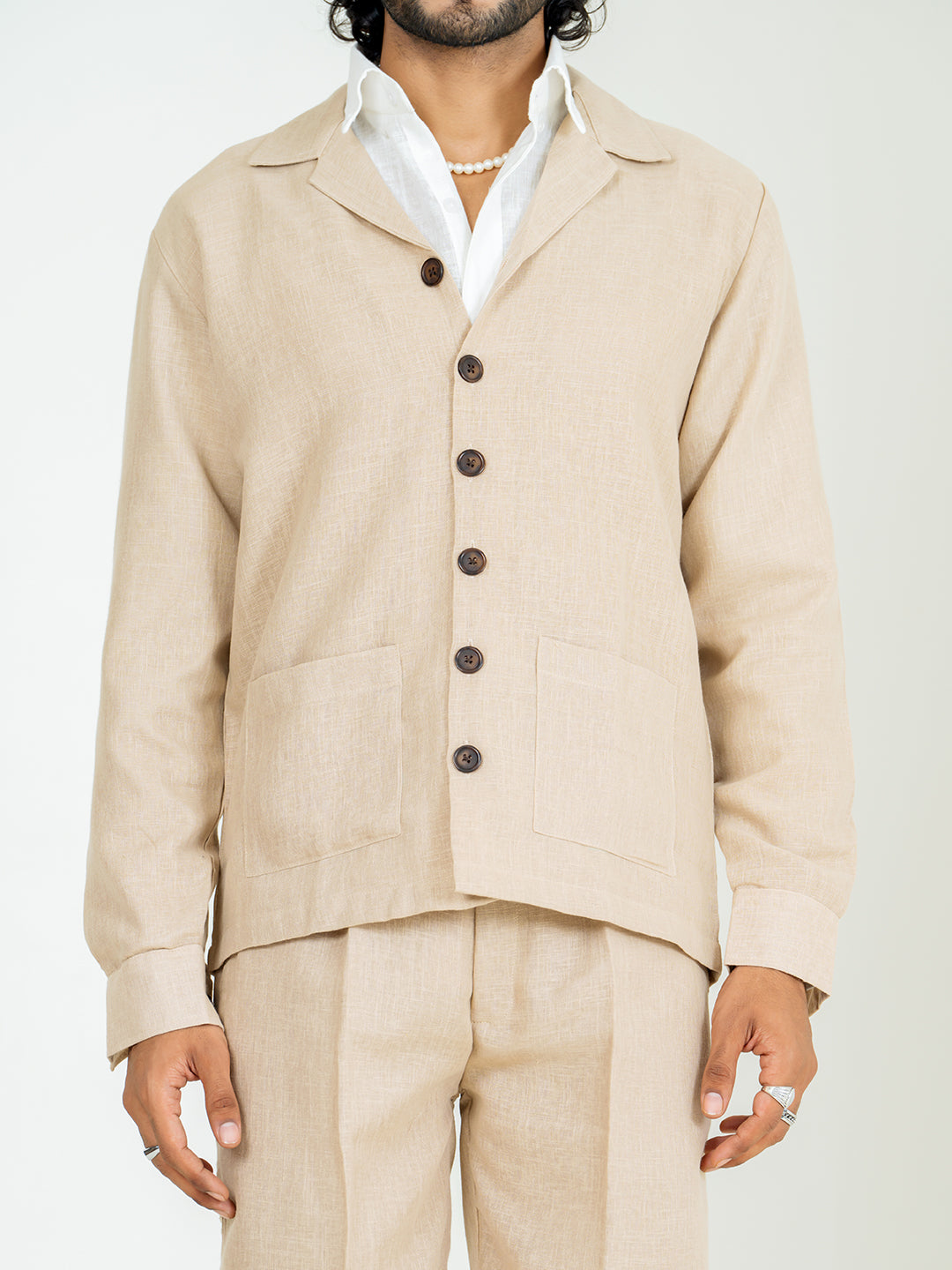 Classic Taupe Two Pocket Linen blend shacket