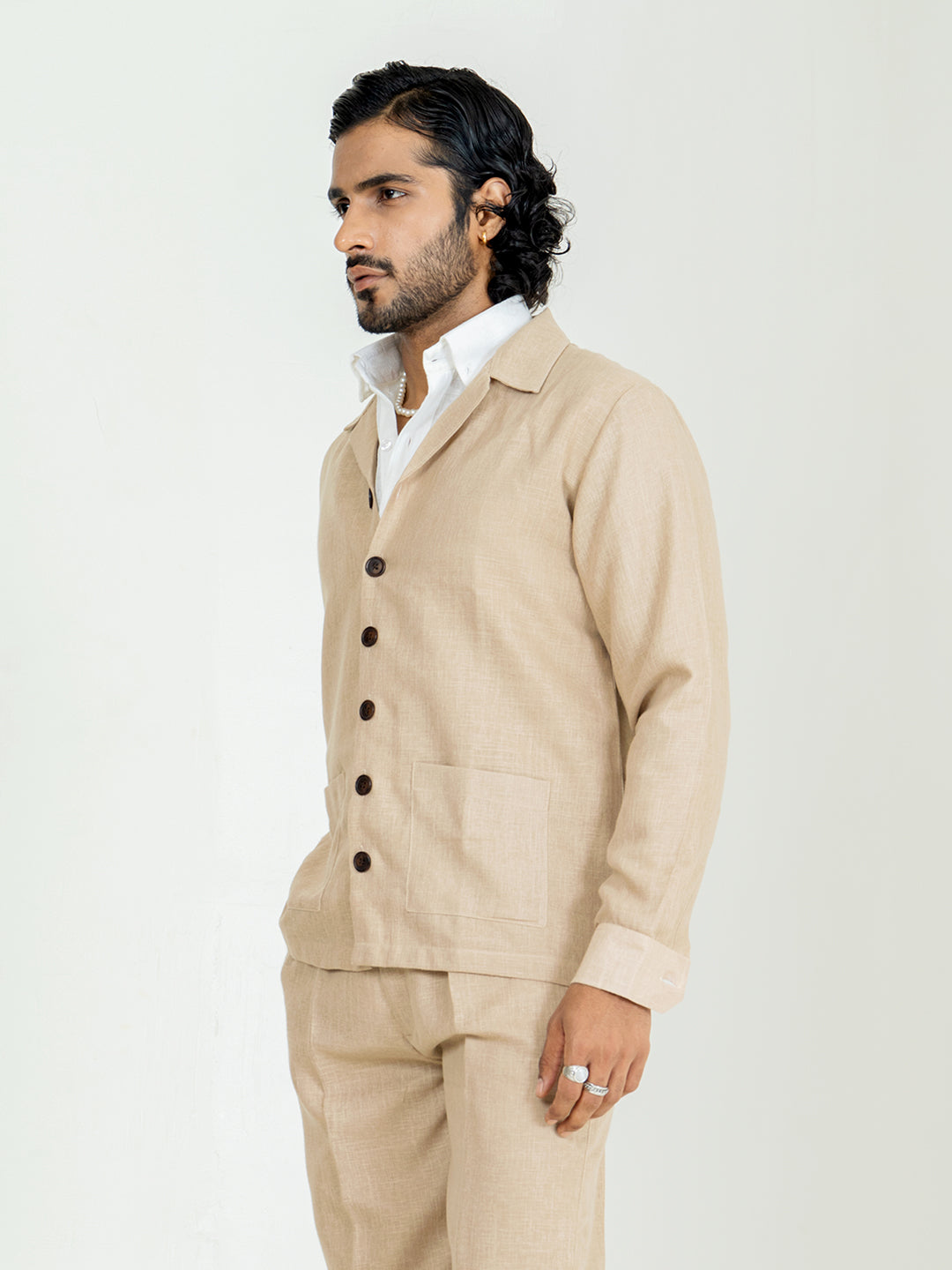 Classic Taupe Two Pocket Linen blend shacket