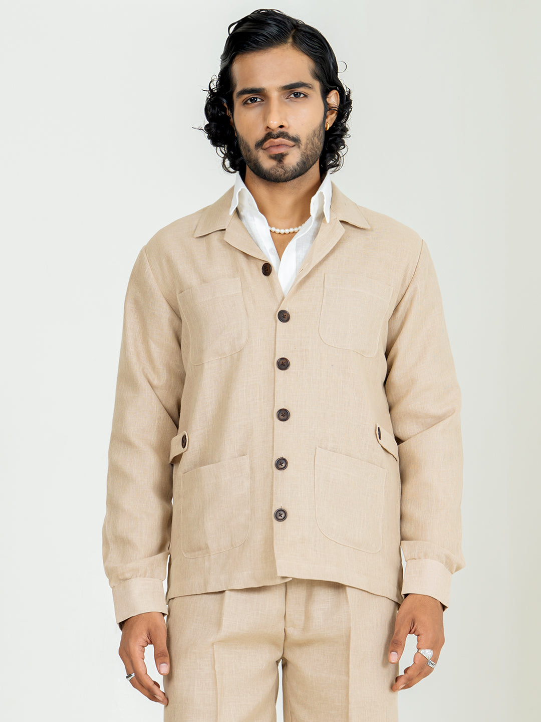 Classic Taupe Two Pocket Linen blend shacket