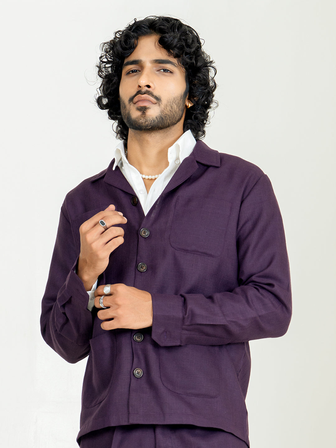 Aubergine 4 Pocket Linen blend shacket