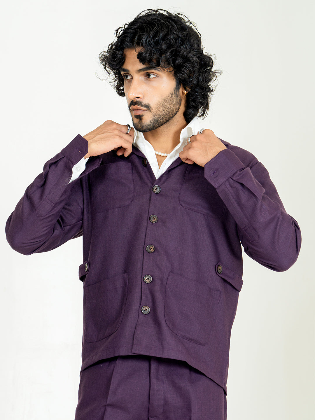 Aubergine 4 Pocket Linen blend shacket