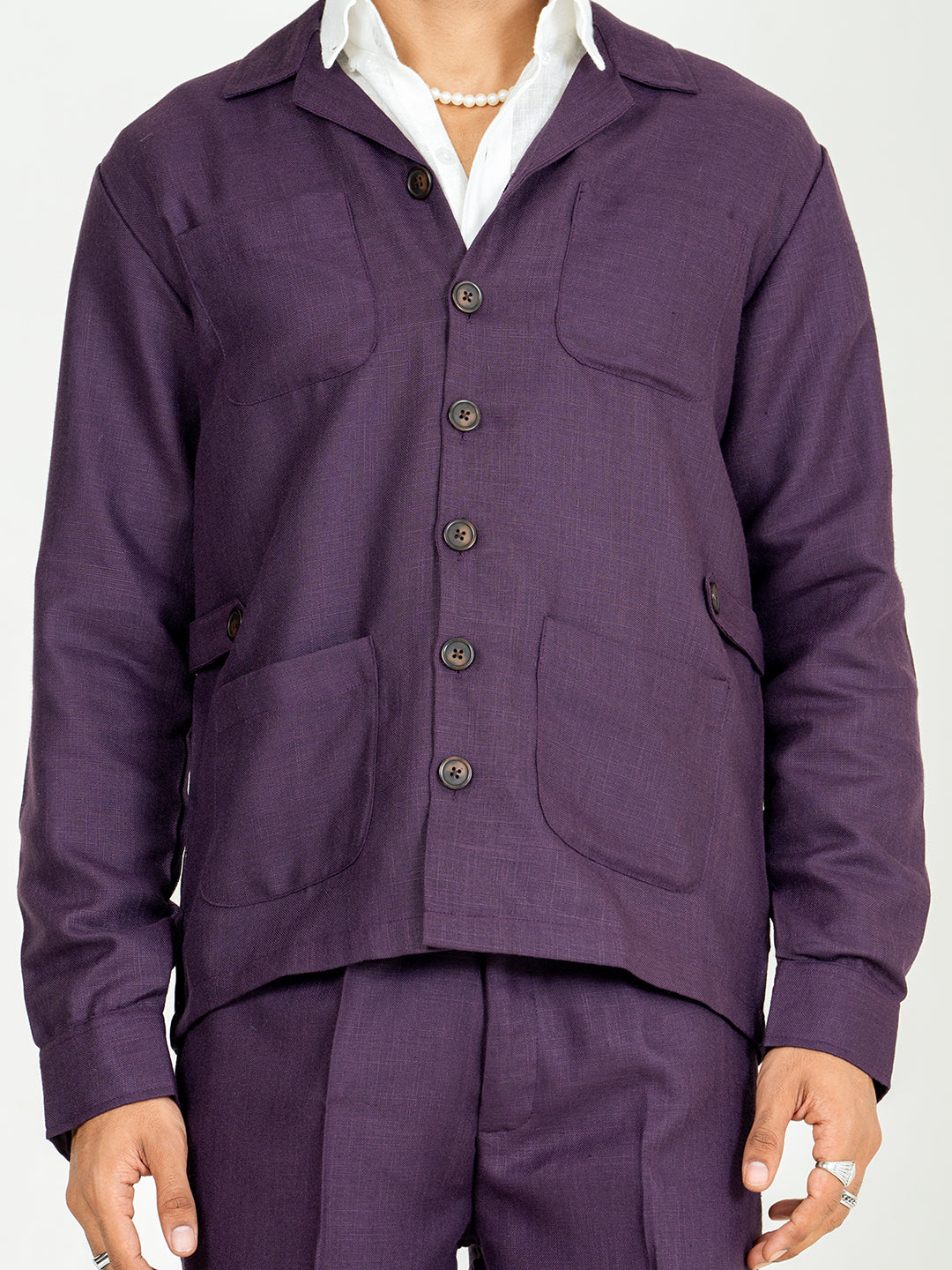 Aubergine 4 Pocket Linen blend shacket