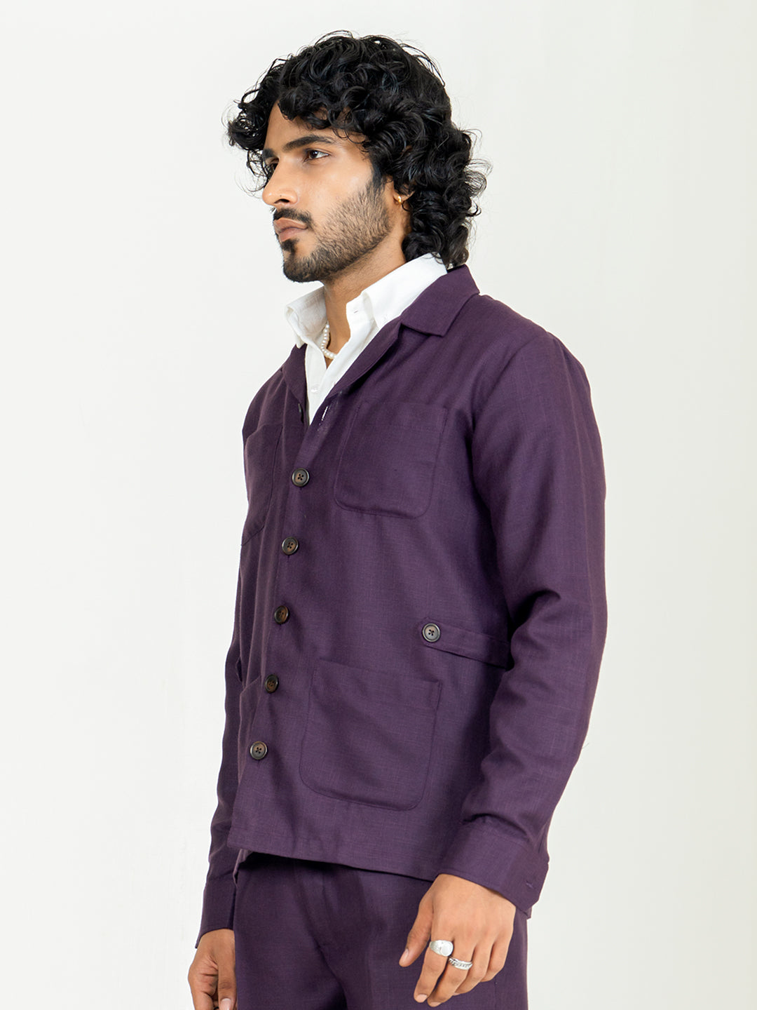 Aubergine 4 Pocket Linen blend shacket