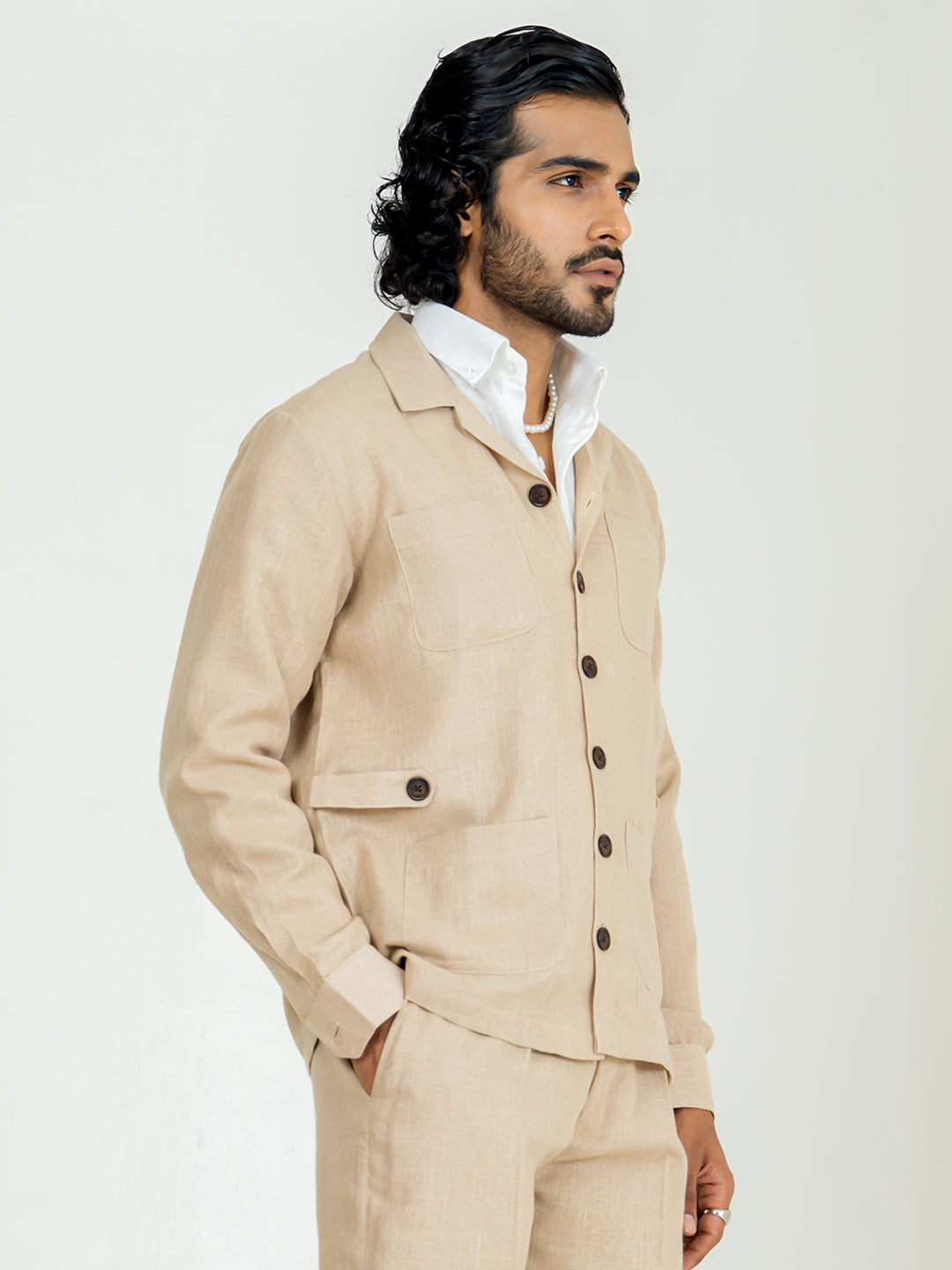 Classic Taupe 4 Pocket Linen blend shacket