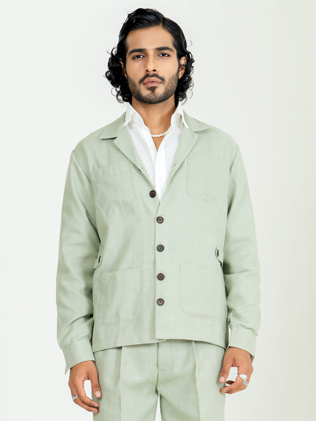 Sage green 4 Pocket Linen blend shacket