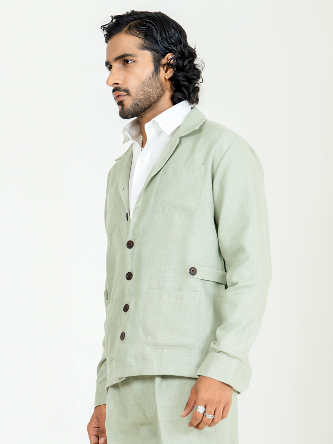 Sage green 4 Pocket Linen blend shacket