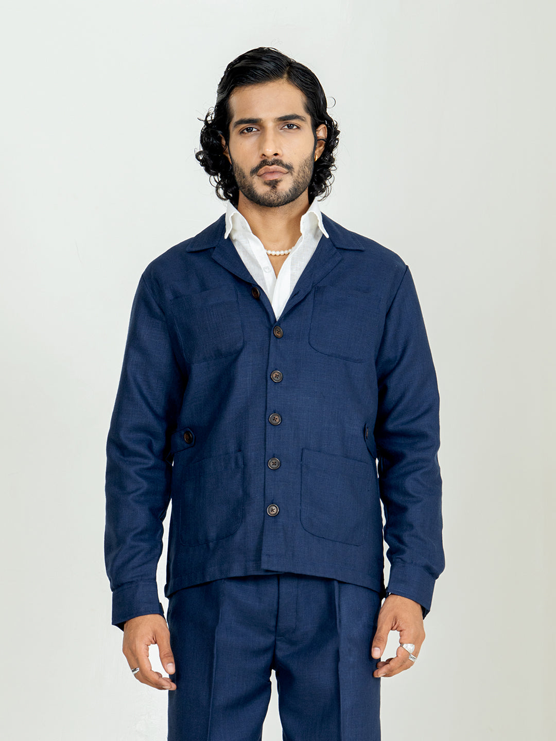 Navy Blue 4 Pocket Linen blend shacket