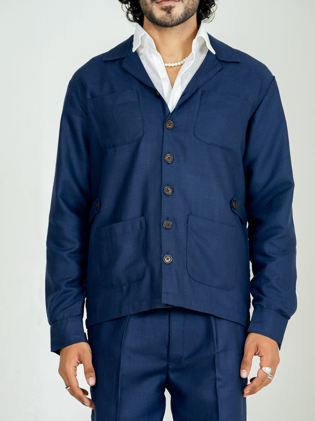 Navy Blue 4 Pocket Linen blend shacket