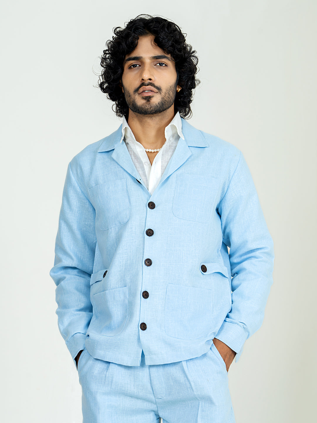 Soft cyan 4 Pocket Linen blend shacket