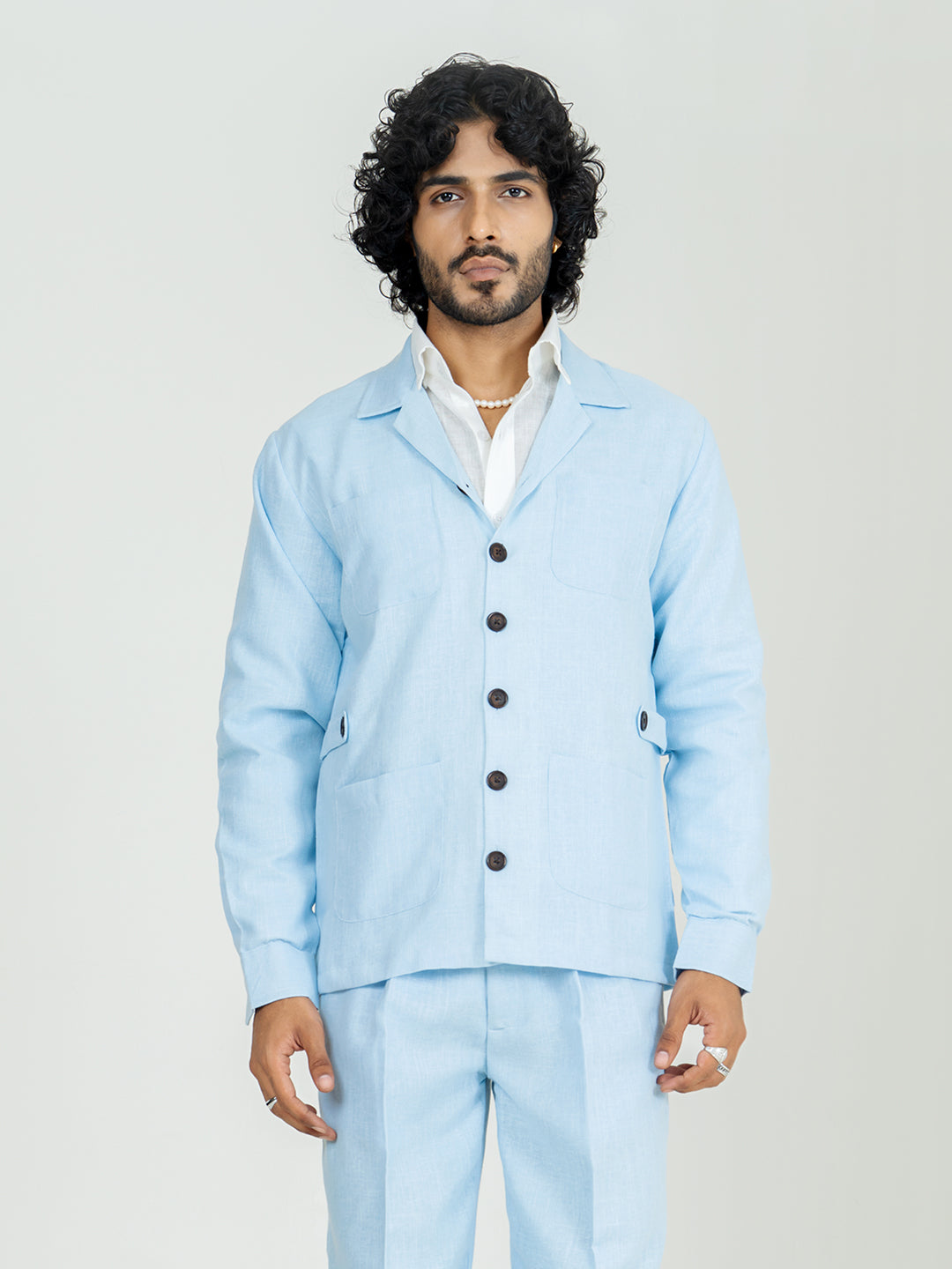 Soft cyan 4 Pocket Linen blend shacket