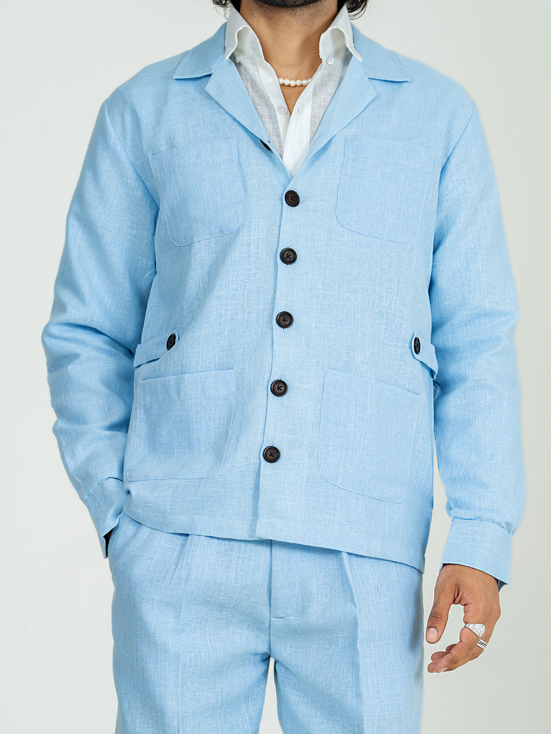 Soft cyan 4 Pocket Linen blend shacket