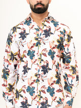 White Flower Full Sleeve Printed Shirts For Men