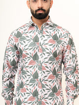 White Leaf Full Sleeve Printed Shirts For Men