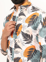 White Leaf With Flower Full Sleeve Printed Shirts For Men