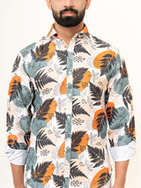 White Leaf With Flower Full Sleeve Printed Shirts For Men