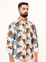 White Leaf With Flower Full Sleeve Printed Shirts For Men