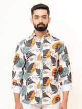 White Leaf With Flower Full Sleeve Printed Shirts For Men