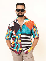 Multicolor Cuban Half Sleeve Placement Print Oversized Shirt