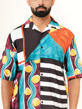 Multicolor Cuban Half Sleeve Placement Print Oversized Shirt