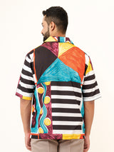 Multicolor Cuban Half Sleeve Placement Print Oversized Shirt