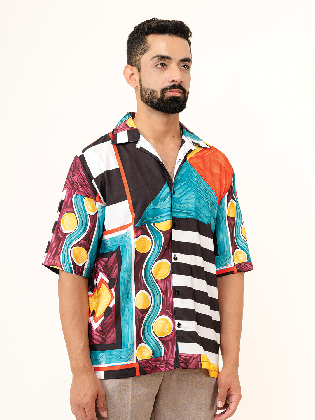 Multicolor Cuban Half Sleeve Placement Print Oversized Shirt