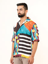 Multicolor Cuban Half Sleeve Placement Print Oversized Shirt