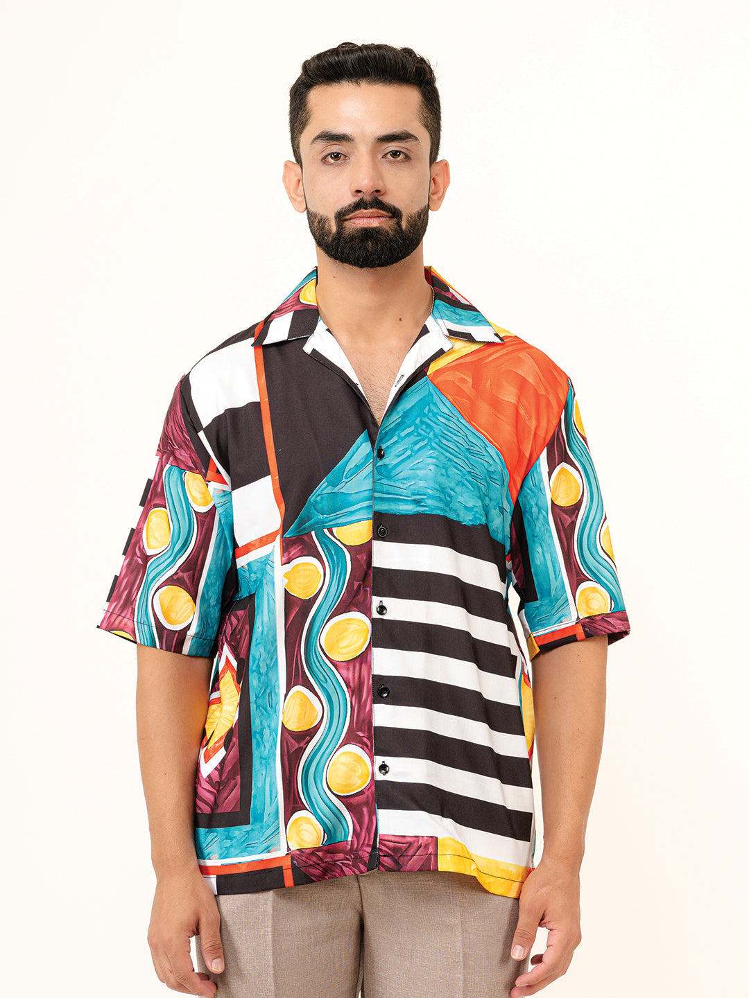 Multicolor Cuban Half Sleeve Placement Print Oversized Shirt