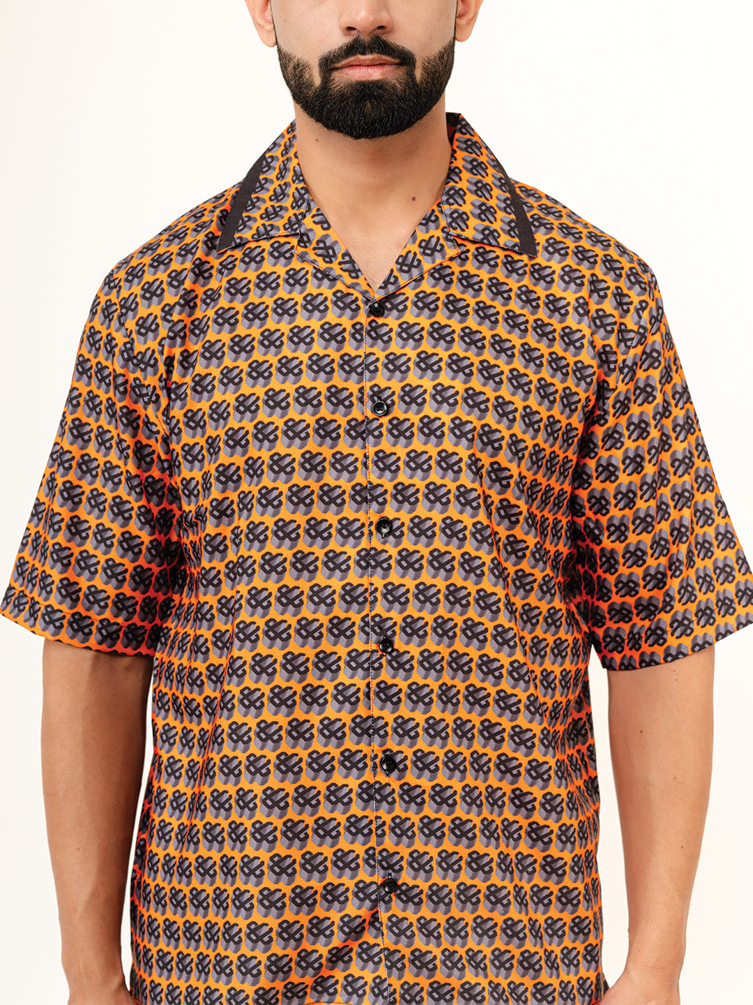 Orange with  Black Stylish Placement Print Oversized Shirt