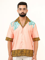 Peach Colored Leopard Placement Print Oversized Shirt