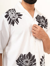 White Cuban Collar Half Sleeve Abstract Placement Print Oversized Shirt