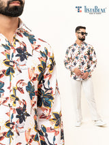 White Flower Full Sleeve Printed Shirts For Men