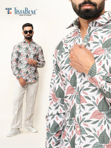 White Leaf Full Sleeve Printed Shirts For Men