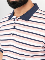 Baby Pink & Navy Blue  Strips Collar Neck T-shirt