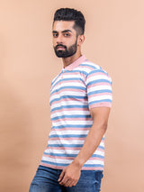 Peach & Blue Color Strips Polo Neck Cotton T-Shirt For Men