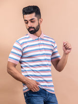 Peach & Blue Color Strips Polo Neck Cotton T-Shirt For Men