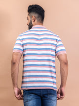 Peach & Blue Color Strips Polo Neck Cotton T-Shirt For Men