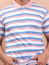 Peach & Blue Color Strips Polo Neck Cotton T-Shirt For Men