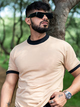 Beige Round Neck Loose Fit Half Sleeve T-shirt