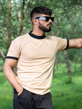 Beige Round Neck Loose Fit Half Sleeve T-shirt