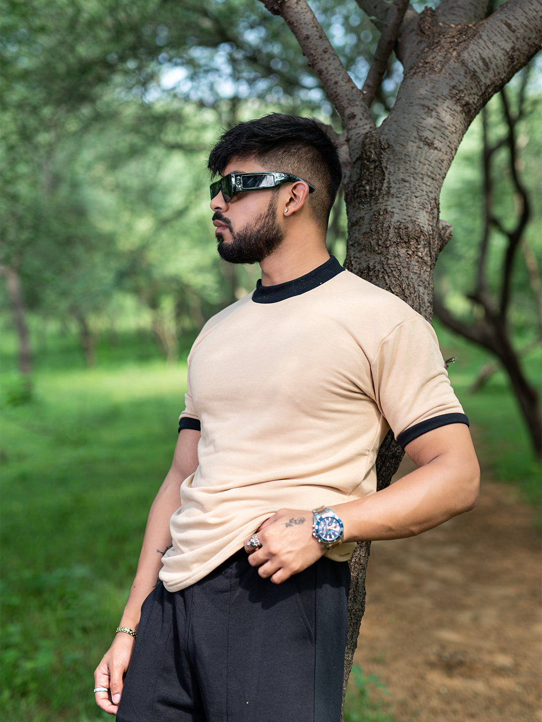 Beige Round Neck Loose Fit Half Sleeve T-shirt