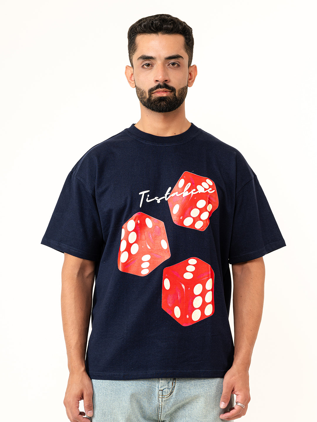 Navy Blue 3 Dice Puff Print Oversized T-shirt